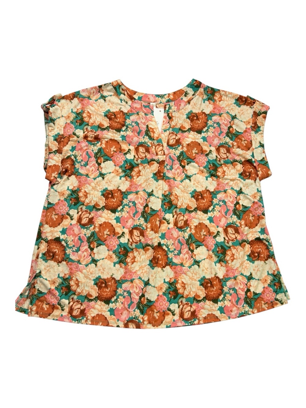 Dear Scarlett Floral Short Sleeve Blouse XL Teal Peach Rust